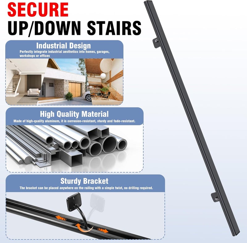 SDNBHT Industrial Stair Handrail Wall-Mounted Hand Rails for Indoor Stairs Black Pipe Stair Railing Indoor Metal Hand Rail for Indoor & Outdoor Steps Aluminum Staircase Handrail for Stairs 12ft - Image 2